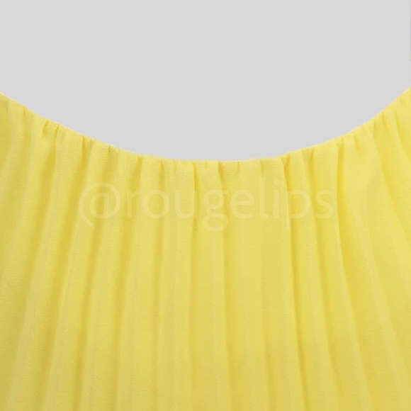 Pleated Yellow Mini Dress Tie Neck Short A-Line Flared - Picture 8 of 17